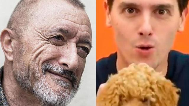 Montaje de Pérez-Reverte y Rivera junto al ya famoso perro Lucas