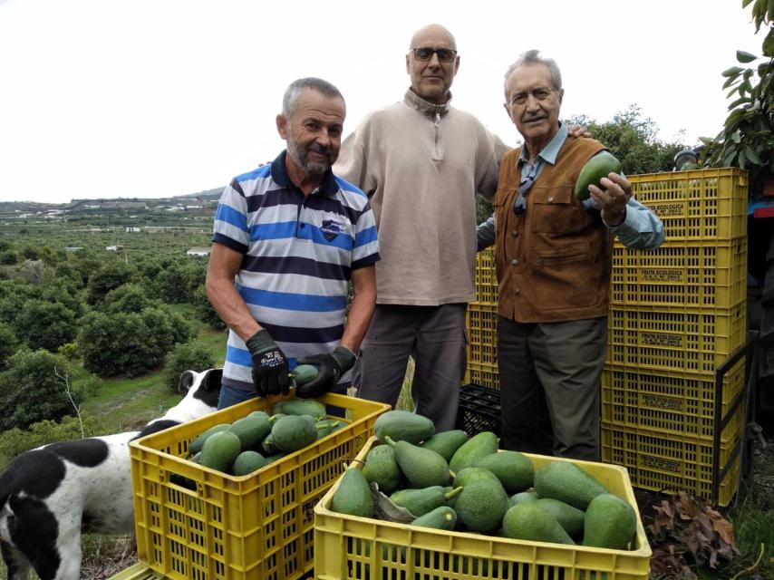 Julián posa junto a su sobrino y uno de los trabajadores de El Rancho Antillano.