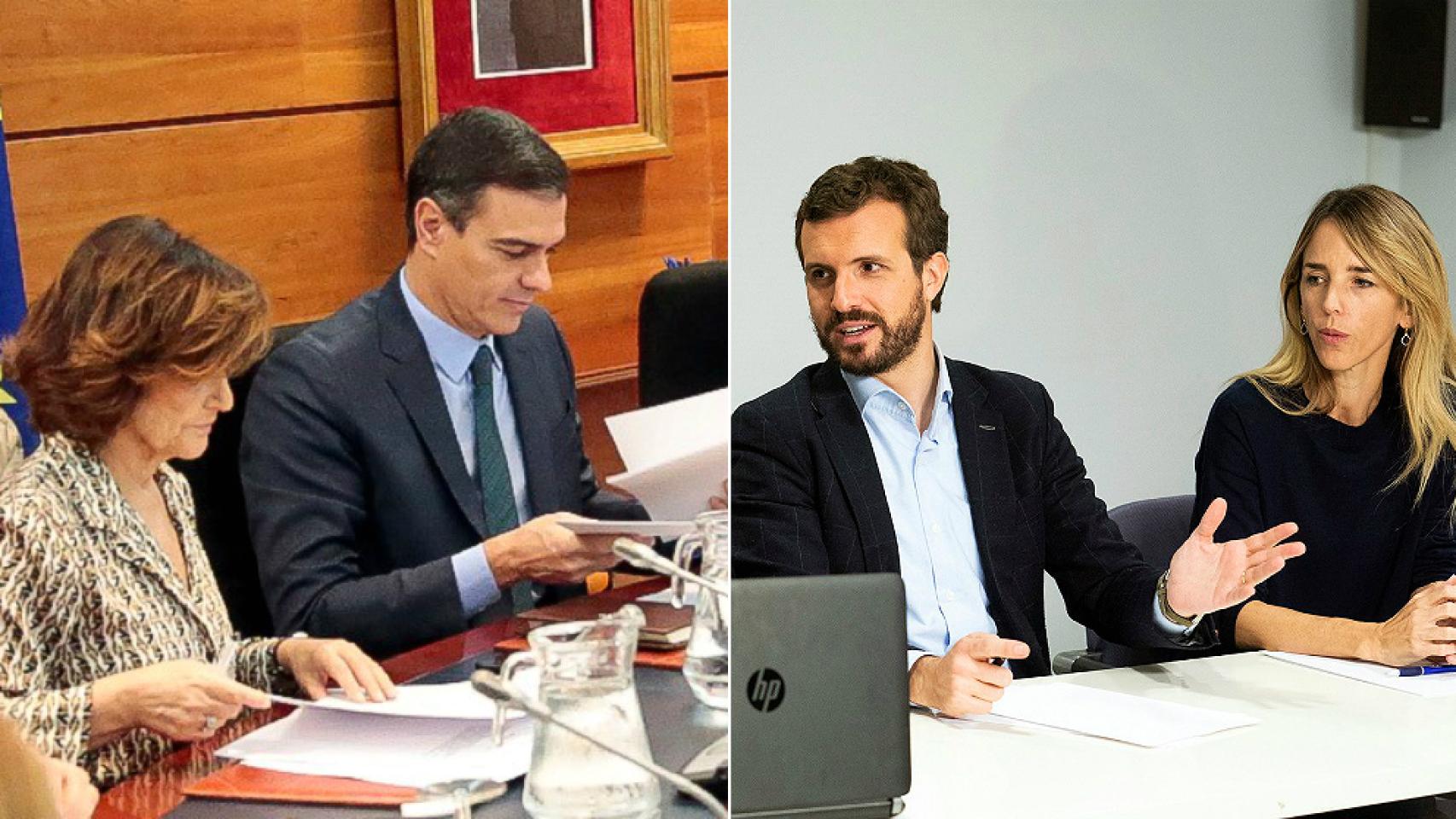 Pedro Sánchez en el comité de situación sobre Cataluña en Moncloa; Pablo Casado, con la dirección del PP en Barcelona.