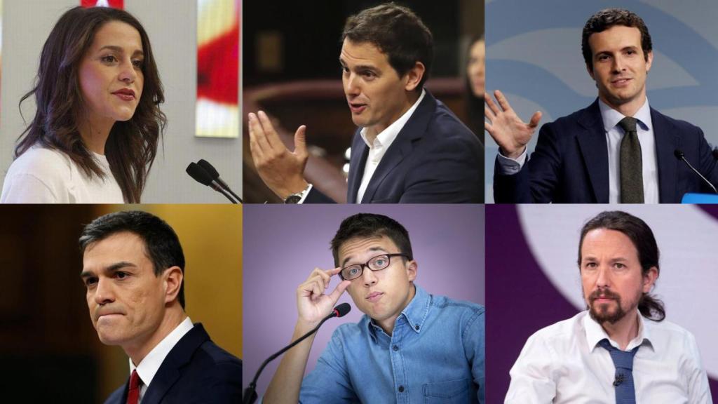 Inés Arrimadas, Albert Rivera, Pablo Casado, Pedro Sánchez, Pablo Iglesias e Íñigo Errejón, en el sentido de lectura.