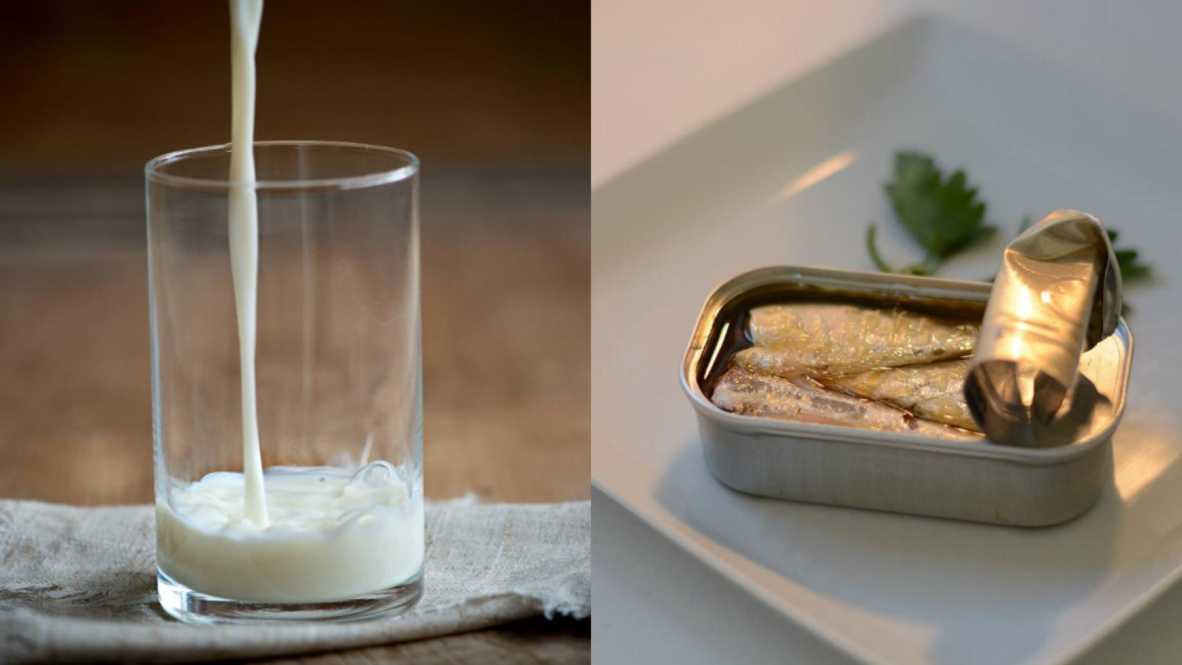 A la izquierda, un vaso de leche; a la derecha, una lata de sardinas abierta.