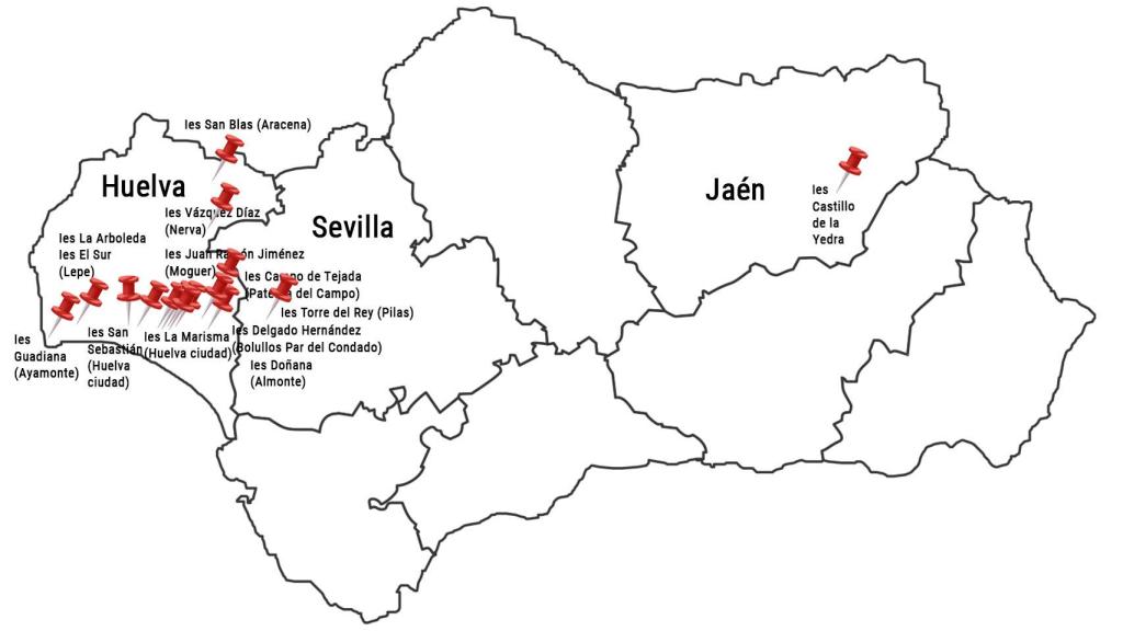 El mapa de colegios andaluces dónde ha trabajado Inma.