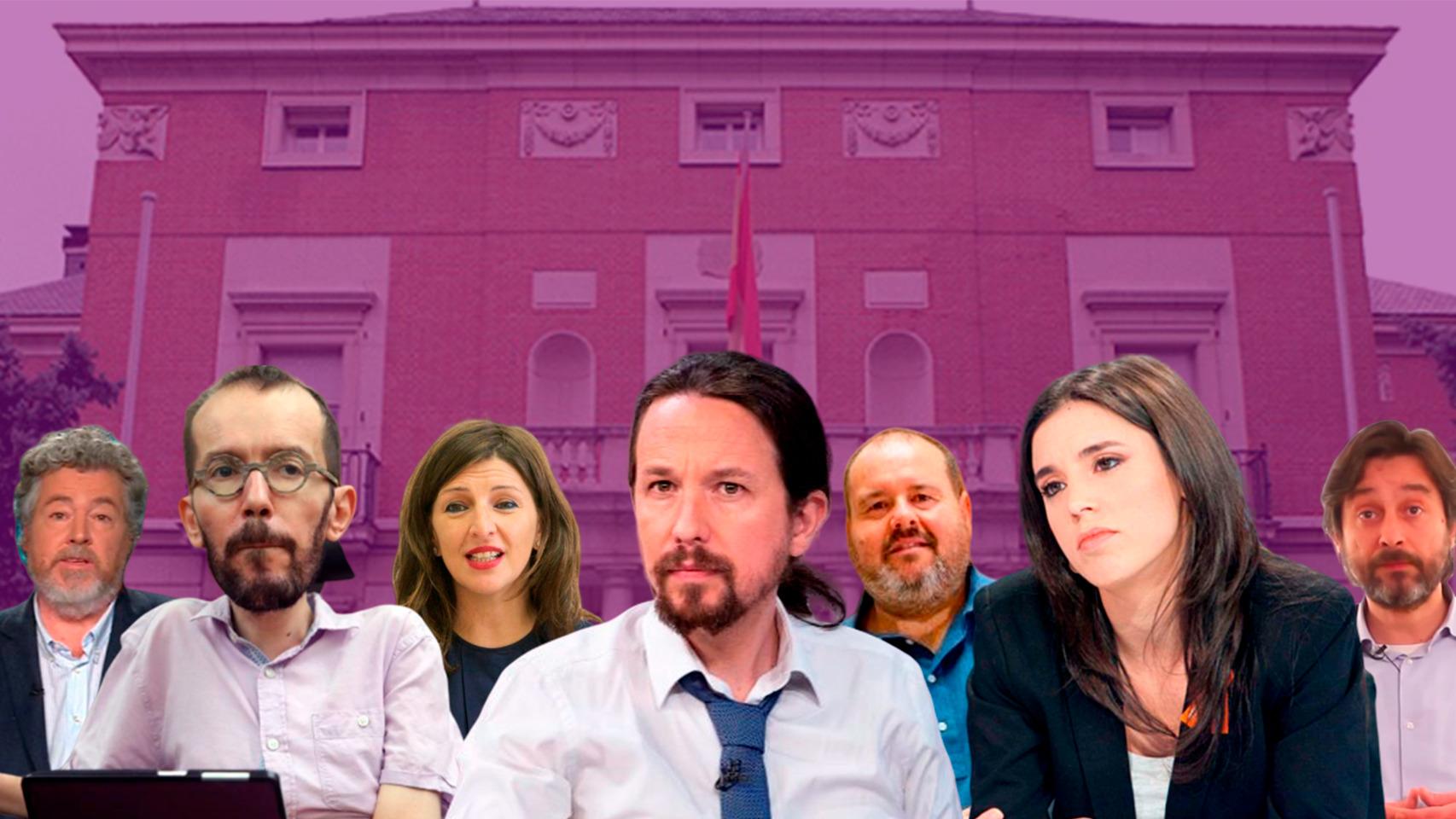 Juantxo López Uralde, Pablo Echenique, Yolanda Díaz, Pablo Iglesias, Joan Mena, Irene Montero y Rafa Mayoral, ante la Moncloa.