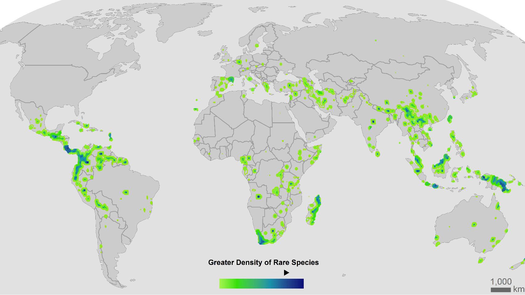 Focos globales de especies raras en el mundo. Universidad de Arizona.