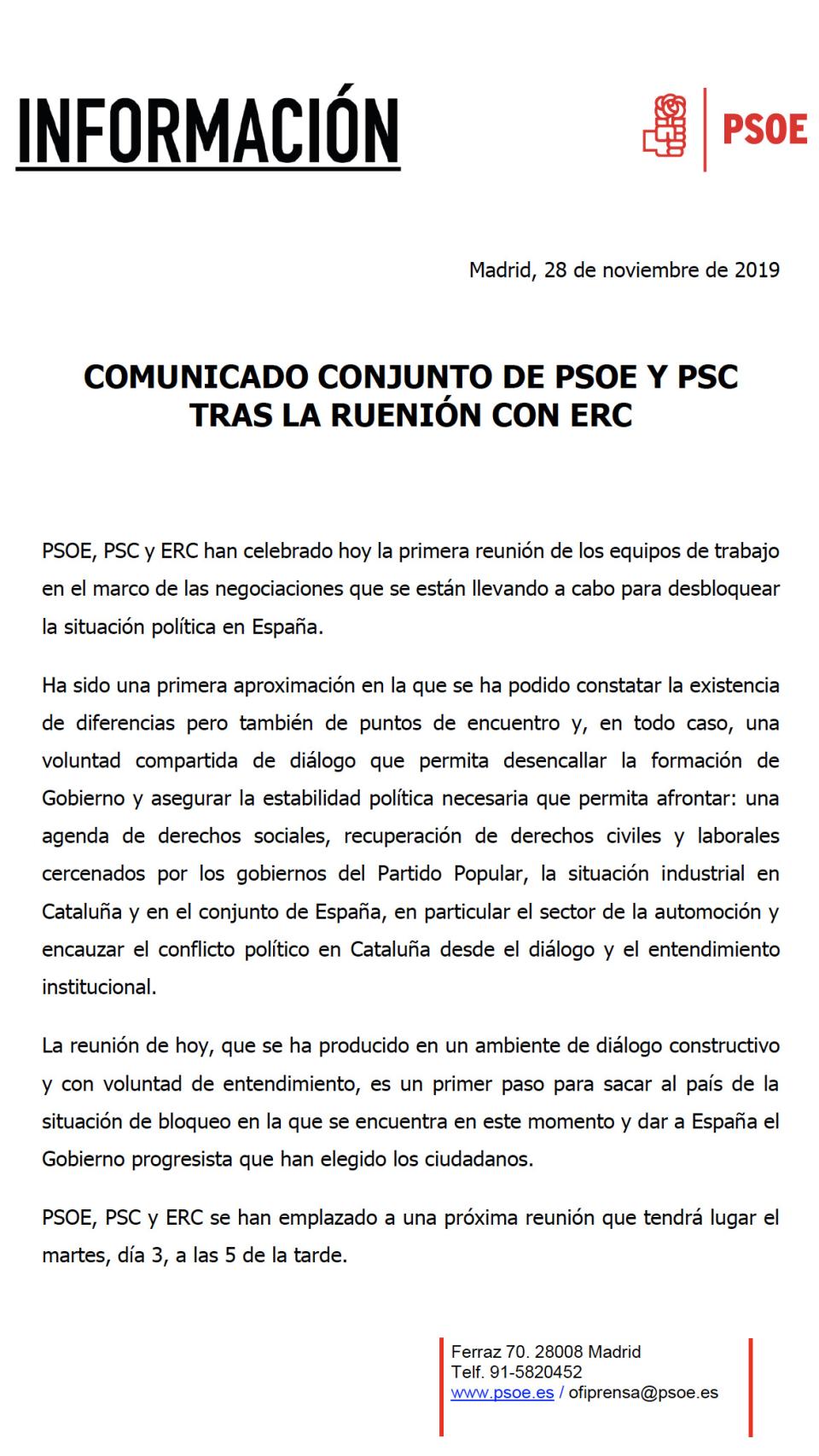 Comunicado del PSOE.
