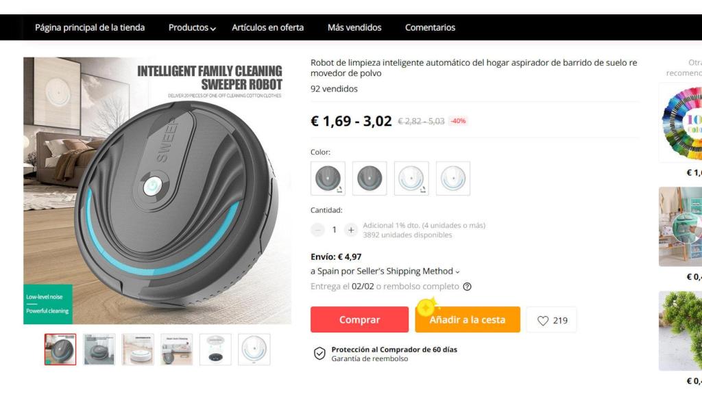 Página del robot aspiradora falso en AliExpress