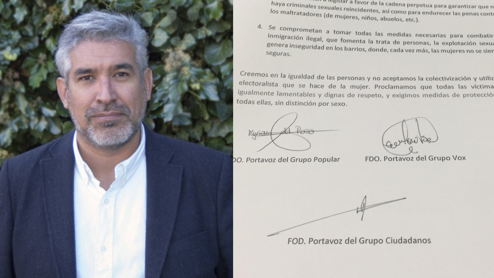 Jesús Gascón, el único concejal de Ciudadanos en El Espinar, junto al documento firmado.