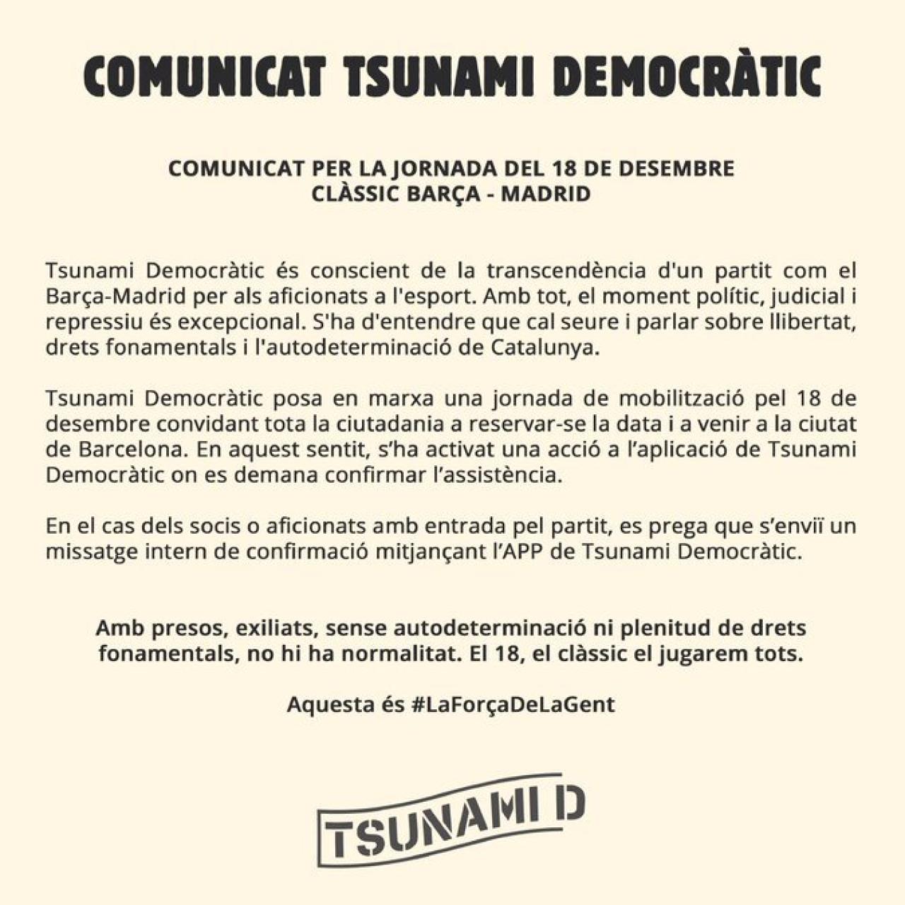 El comunicado de Tsunami Democratic