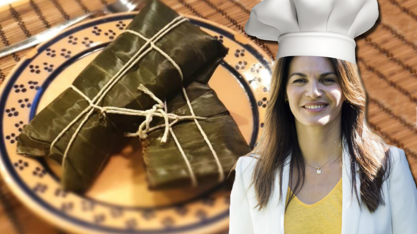 Fabiola Martínez junto a su plato estrella, las hallacas, en montaje JALEOS.