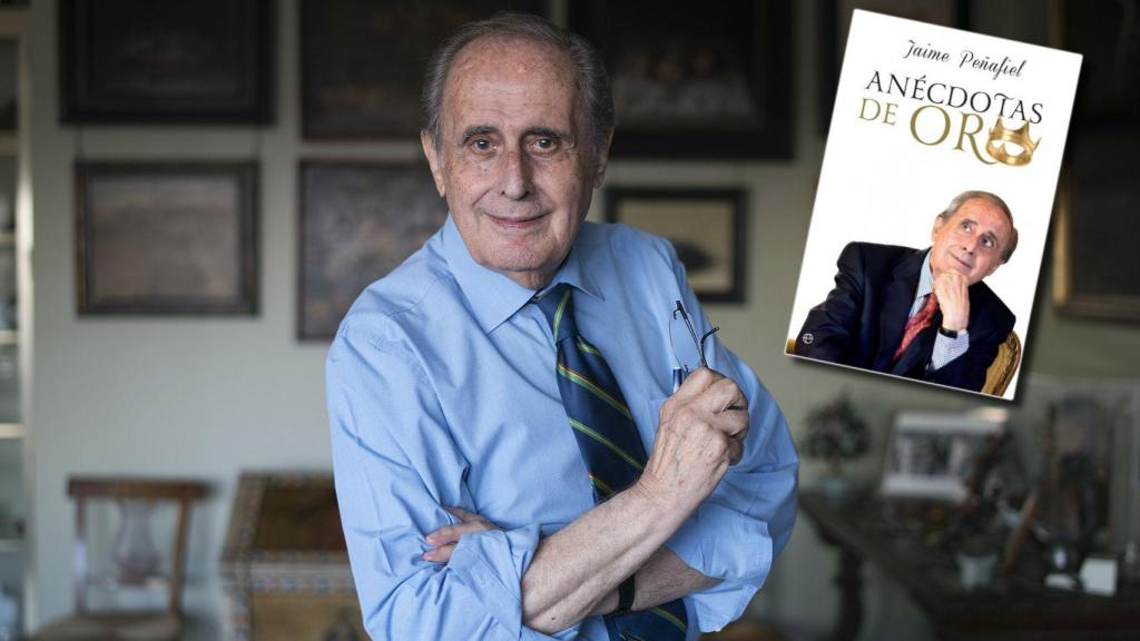 Jaime Peñafiel junto a la portada de su nuevo libro en un montaje de Jaleos.