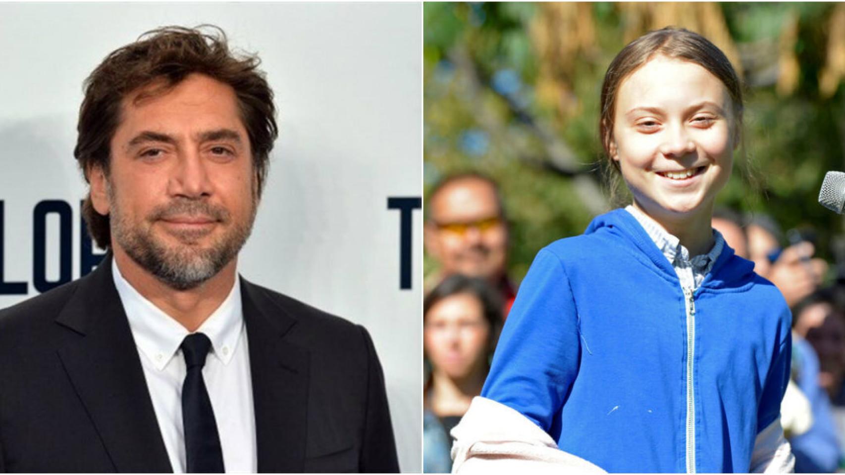 A la izquierda, el actor Javier Bardem; a la derecha, la activista Greta Thunberg.