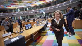 La ministra de Economía, Nadia Calviño, durante el Ecofin celebrado este jueves en Bruselas