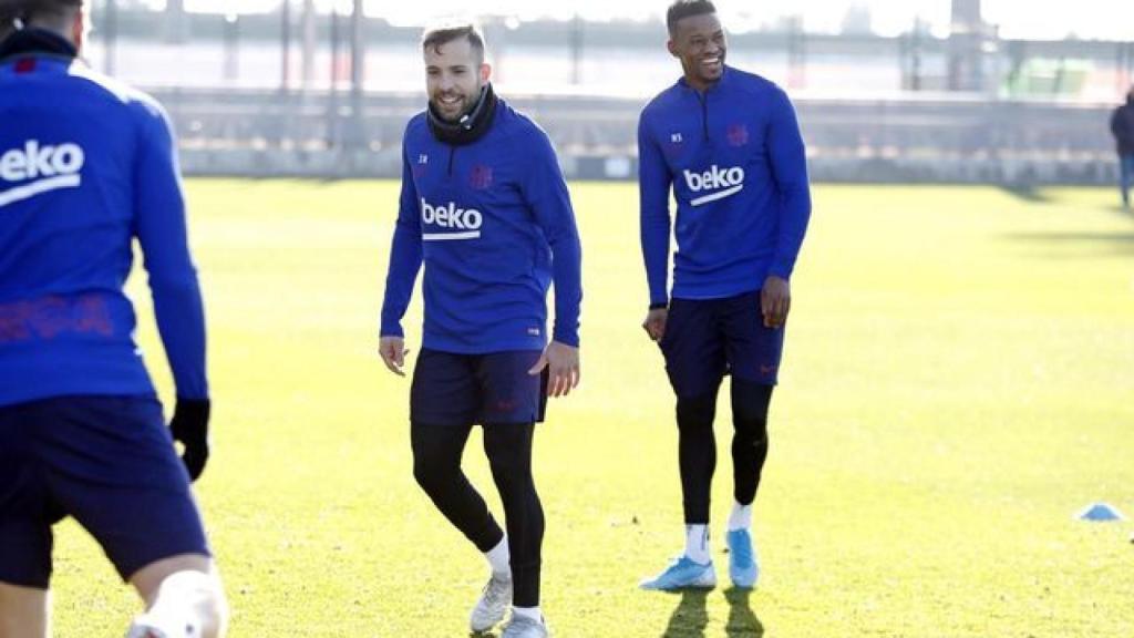 Jordi Alba y Nelson Semedo, en el entrenamiento