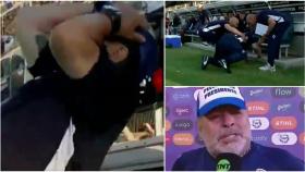 Maradona se cae al suelo de espaldas en el banquillo