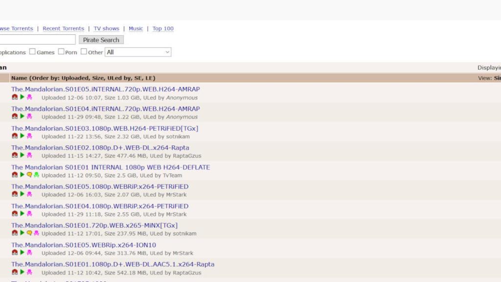 Resultado de búsqueda de The Pirate Bay