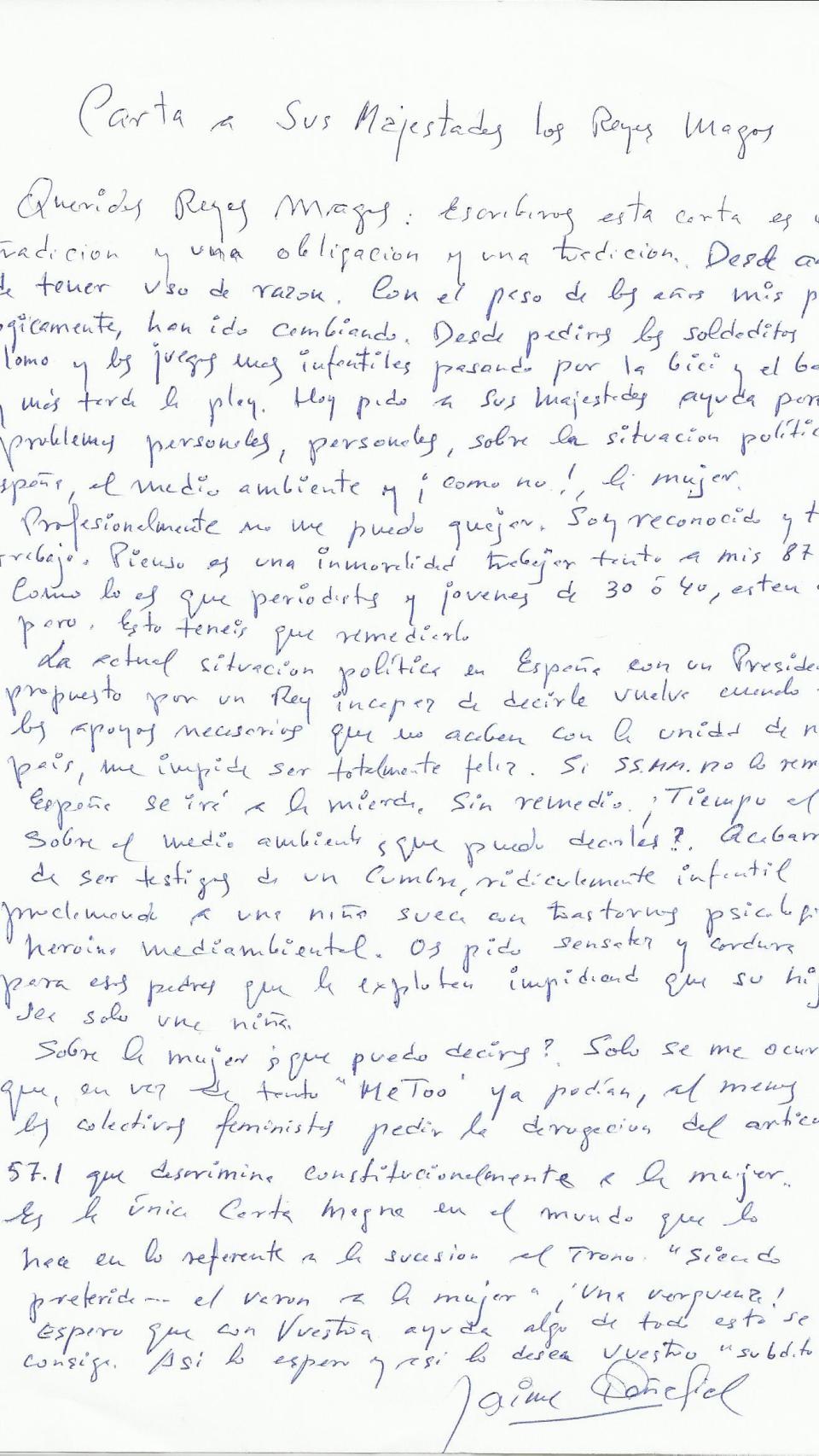 Carta manuscrita de Jaime Peñafiel a los Reyes Magos de Oriente.