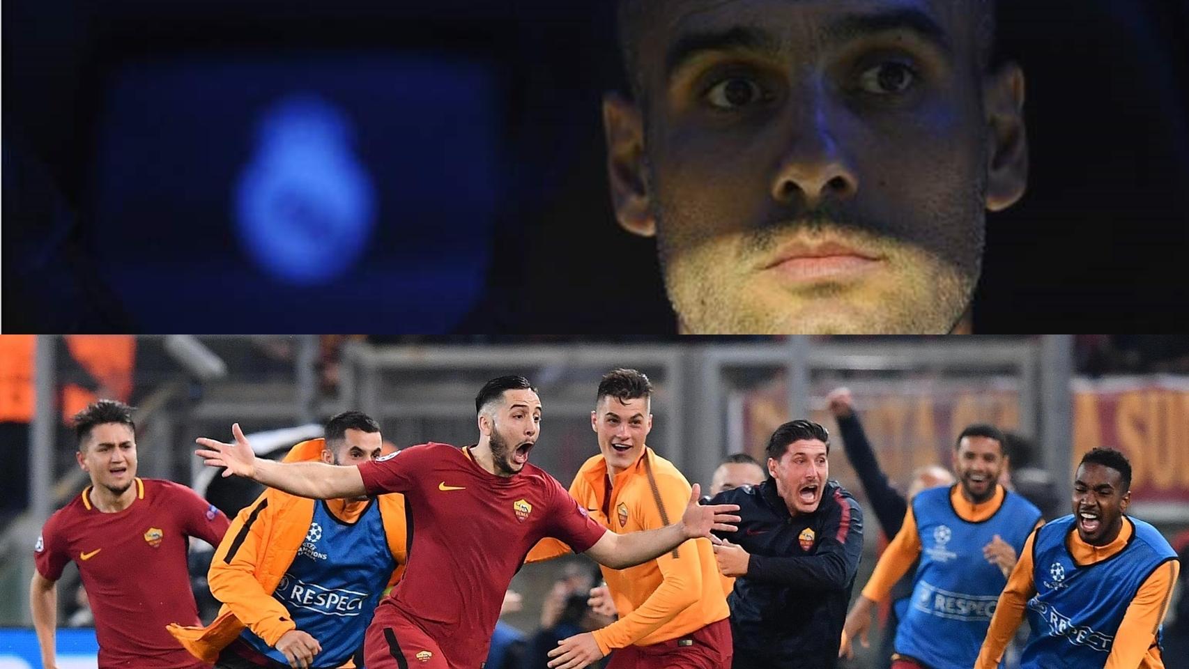 Guardiola en un partido frente al Madrid y Manolas celebrando el gol que eliminaba al Barça