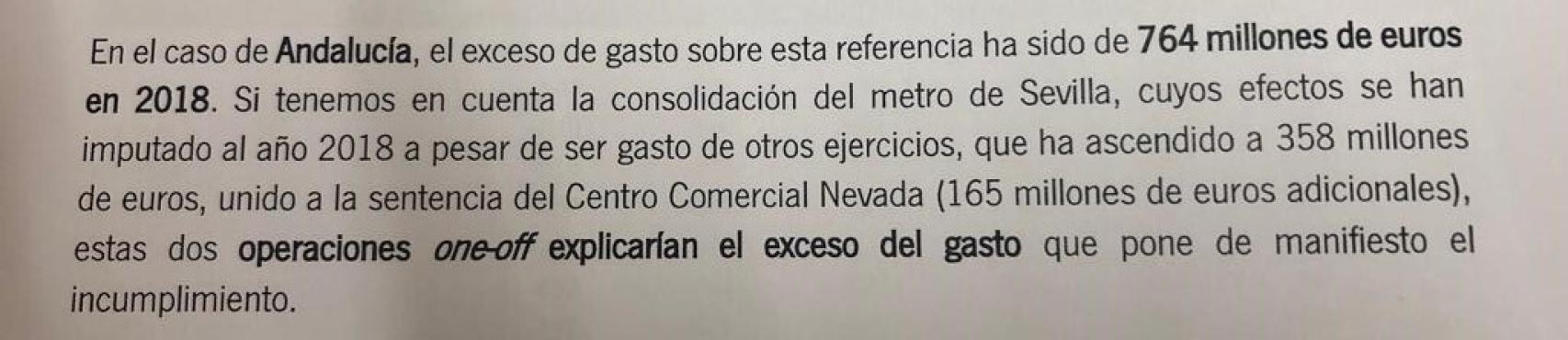 Informe interno de la Junta de Andalucía sobre gastos sobrevenidos al ejercicio 2018.