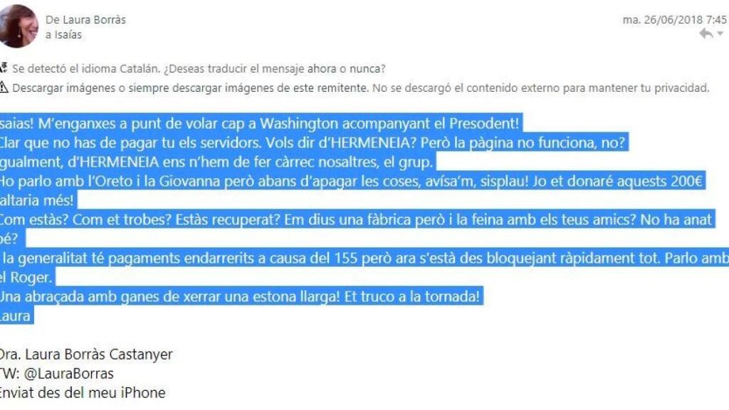 Correo de Borràs a Herrero cuando ya era consejera./