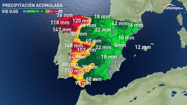 Previsión de precipitaciones acumuladas para el viernes según eltiempo.es.