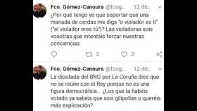 Tuits del párroco de Zas, Francisco Gómez-Canoura, en los que llama manada de cerdas a las feministas y gilipollas a los votantes del BNG