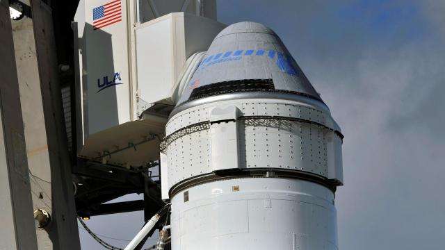 The Boeing CST-100 Starliner spacecraft stands at launch complex 40 at the Cape Canaveral Air Force Station