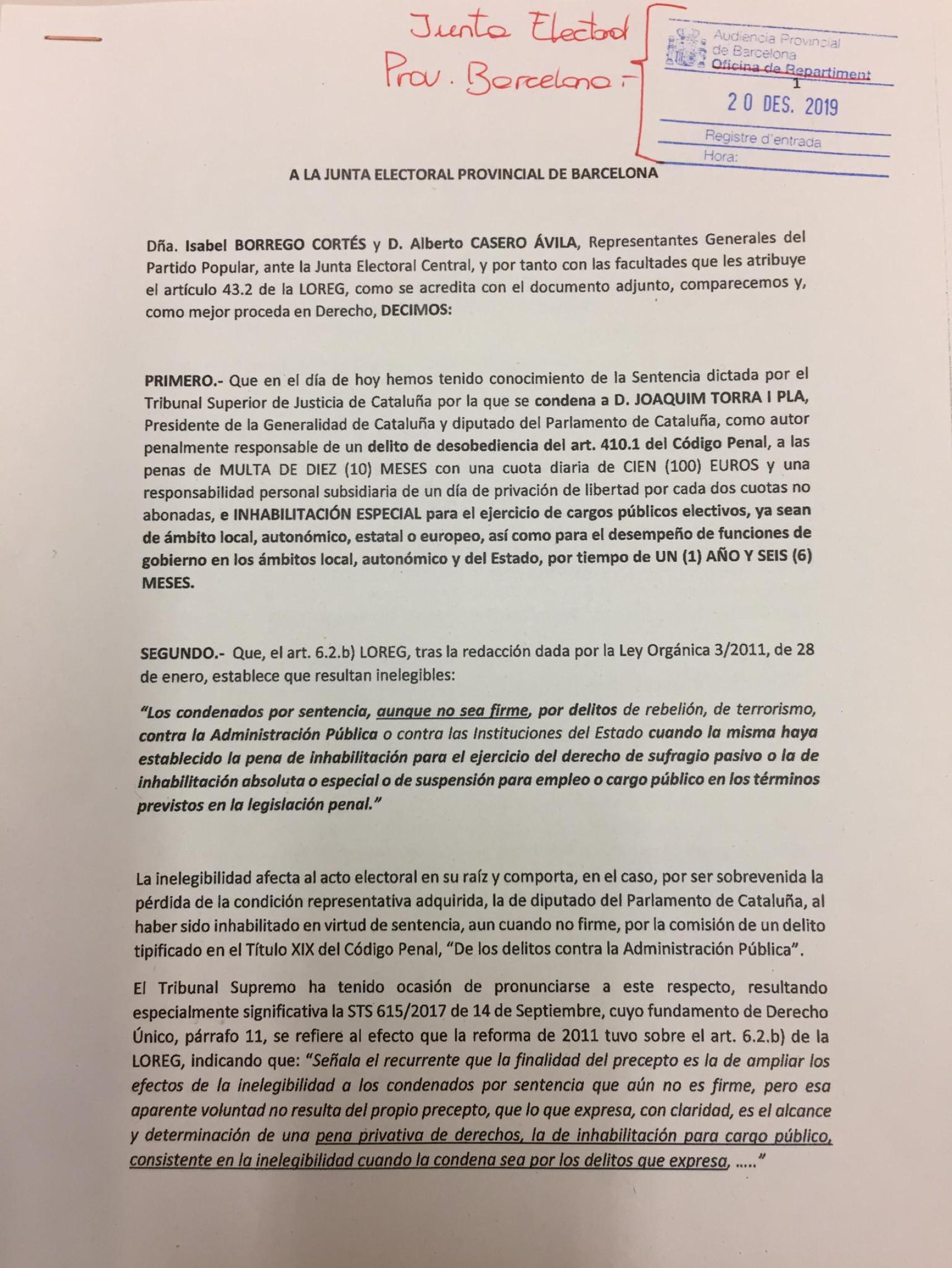 Escrito del PP catalán ante la Junta Electoral Provincial de Barcelona.
