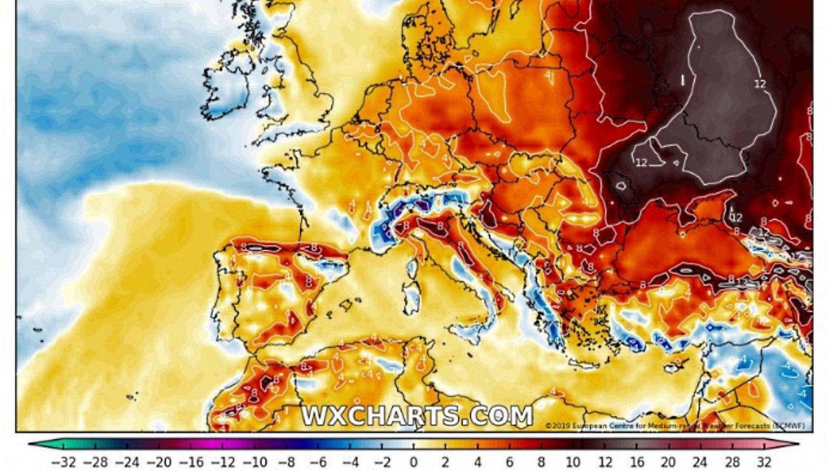 Las anomalías de temperaturas superiores a los valores normales. Severe-weather.eu.