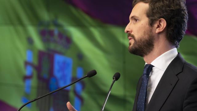 El presidente del Partido Popular, Pablo Casado, durante su balance del año político.