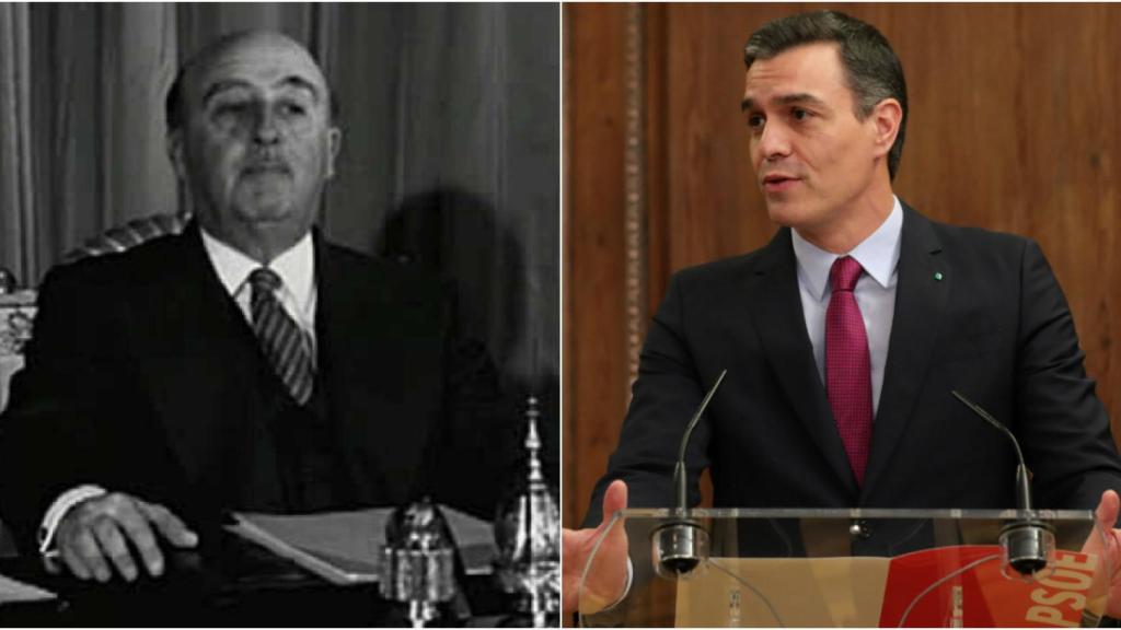 Franco en uno de sus discursos navideños del 30-D y Sánchez 50 años después anunciando el programa de Gobierno