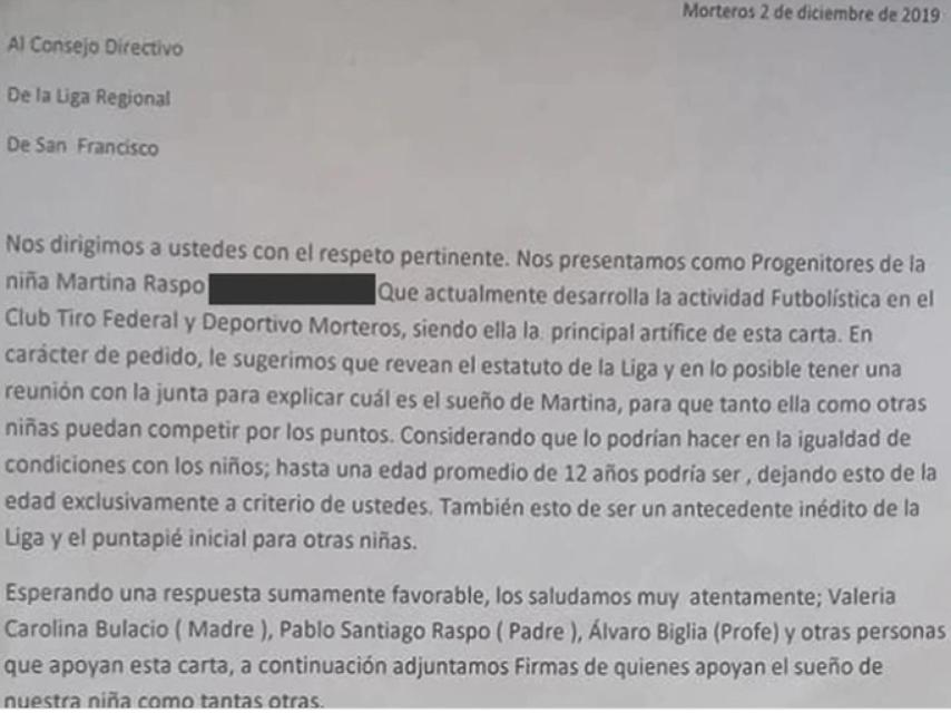 La carta que presentaron los padres de Martina a la Liga Regional de San Francisco