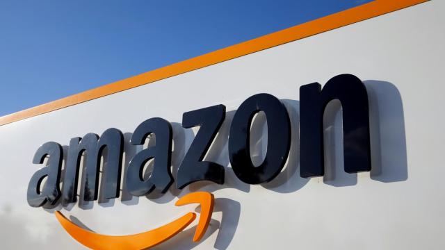 FILE PHOTO: The logo of Amazon is seen at the company logistics centre in Boves