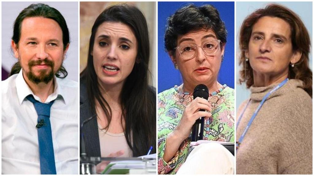 Cuatro nuevas incorporaciones al gobierno de España; de izquierda a derecha: Pablo Iglesias, Irene Montero, Aracha González Laya y Teresa Ribera.
