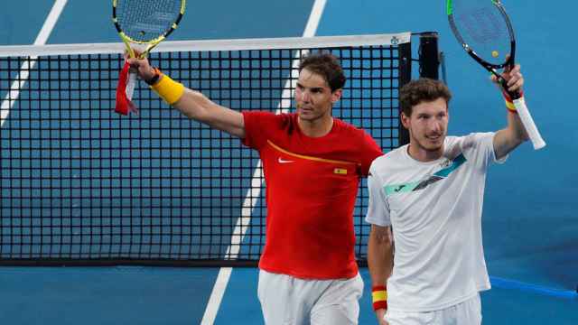 Nadal y Carreño, tras ganar a Bélgica el punto de dobles.