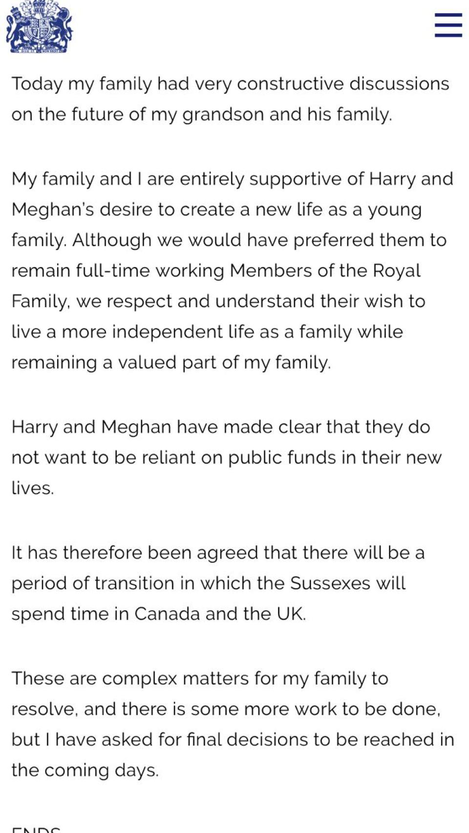 Comunicado de la reina Isabel II de Inglaterra sobre el futuro de Harry y Meghan.