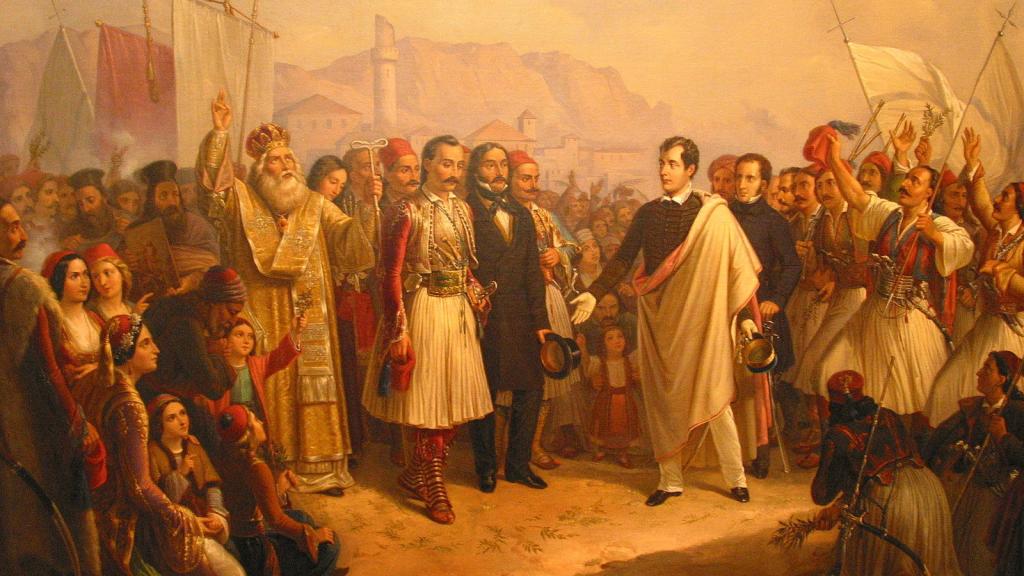 Lord Byron siendo recibido por los griegos.