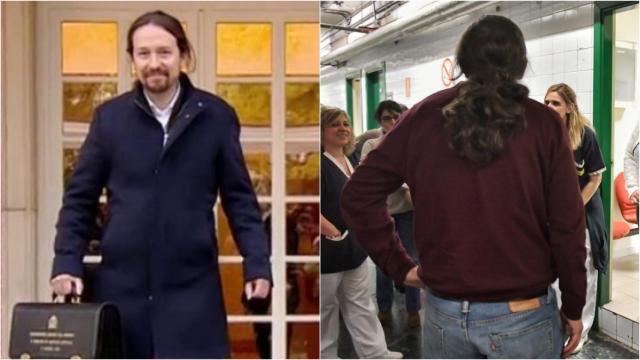 Iglesias, en dos momentos de su visita esta semana a los trabajadores del ministerio.