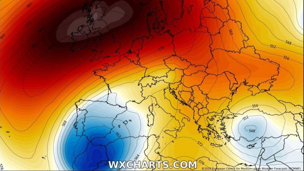 La borrasca Gloria sobre la Península y el anticiclón sobre las Islas Británicas. Severe-weather.eu