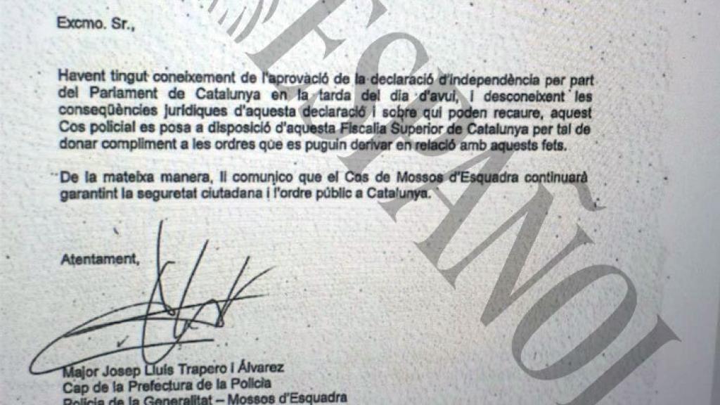 Carta de Trapero al fiscal superior el 27 de octubre de 2017, tras la DUI./