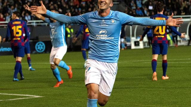 Javi Pérez, celebra el gol que le marcó al Barça en Copa del Rey