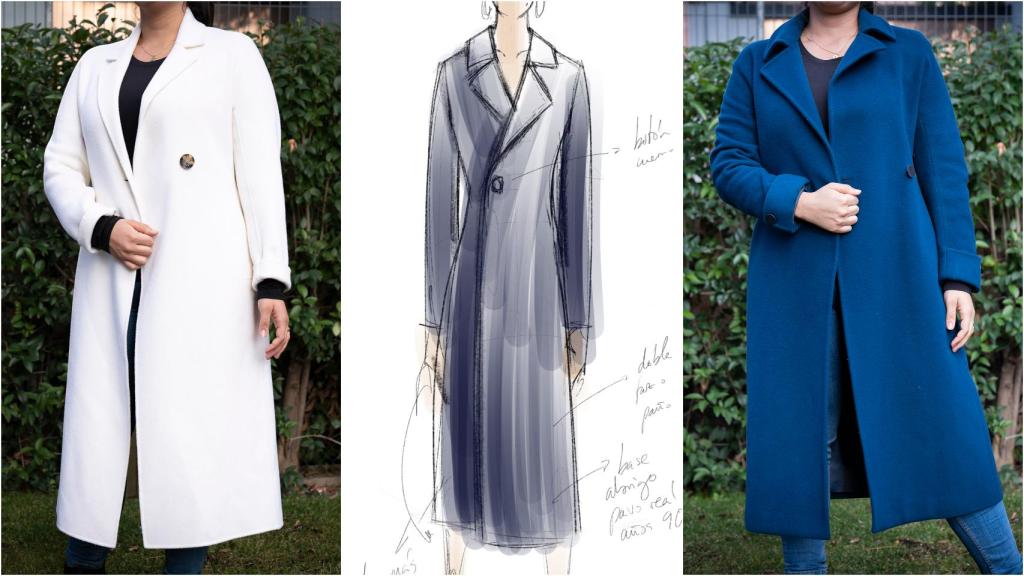De izquierda a derecha: el abrigo original que llevó Benedicta, el boceto de Tiziana Domínguez y el abrigo clásico de los años 90.