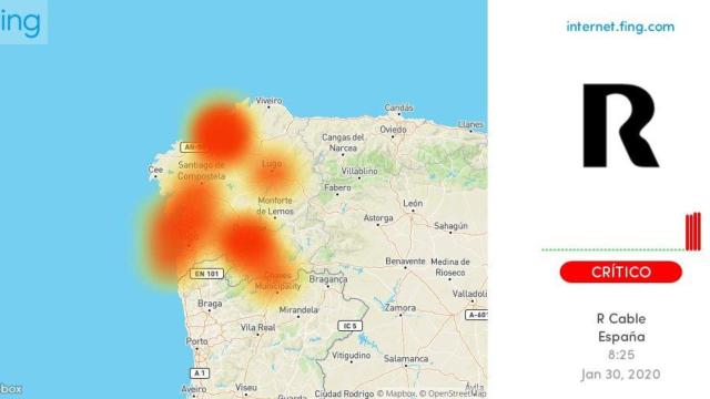 Mapa del área afectada por los problemas de Internet.