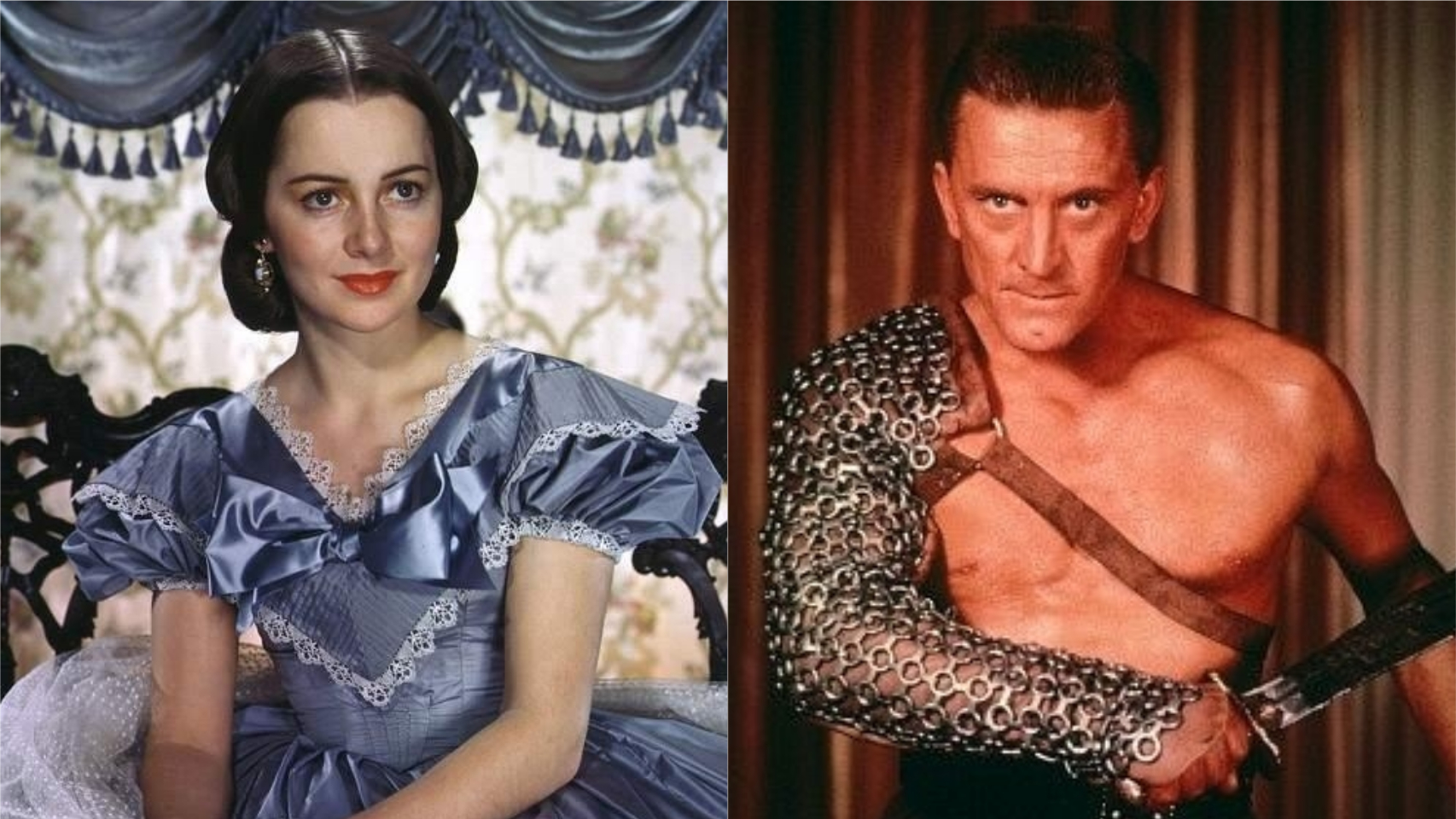 Olivia de Havilland en 'Lo que el viento se llevó' y Kirk Douglas en 'Espartaco'.