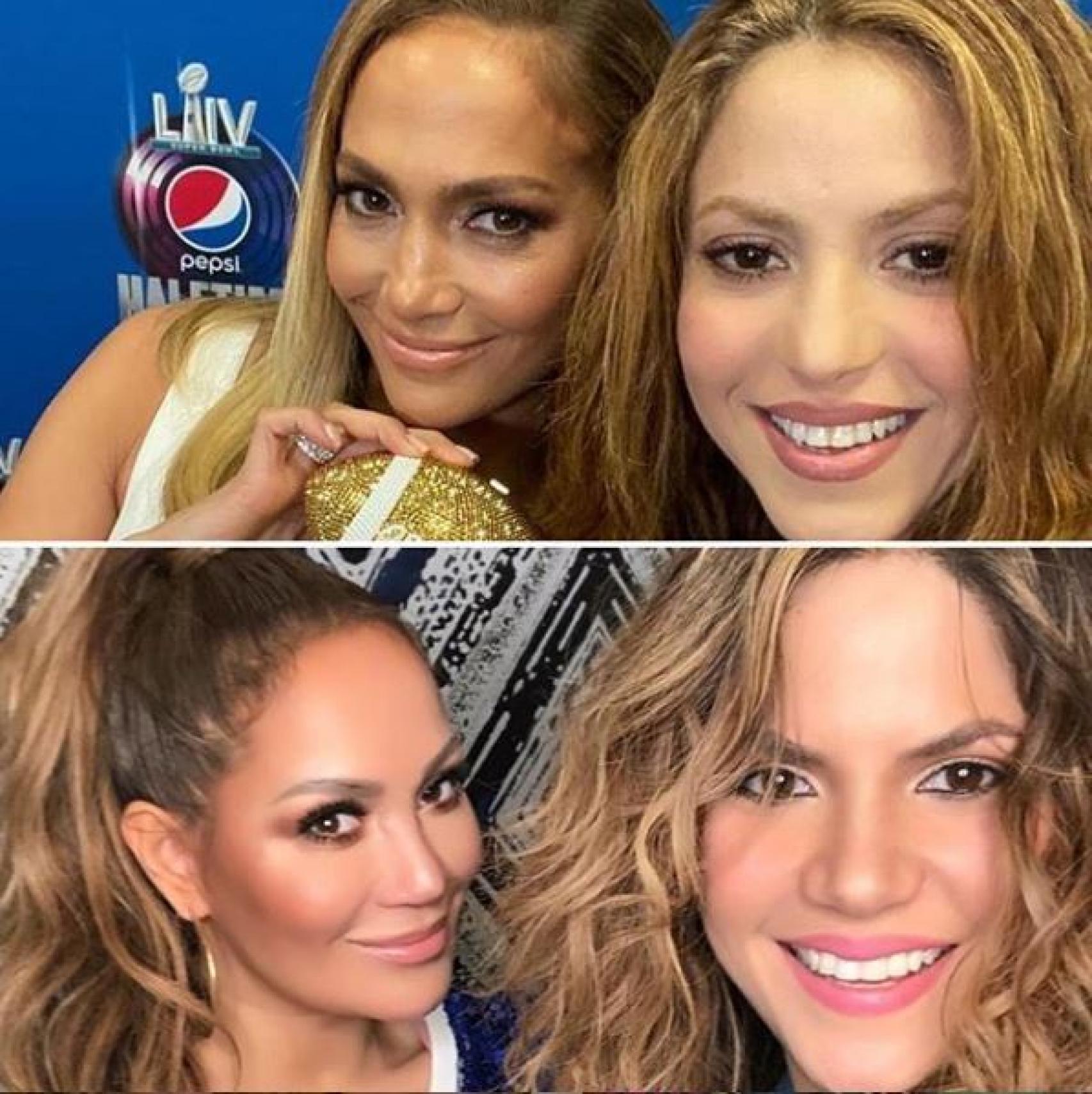 Arriba, las auténticas JLo y Shakira; abajo, sus dobles oficiales, Connie y Rebeca.