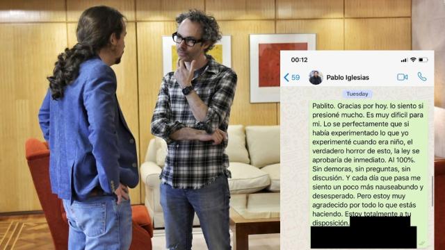 Pablo Iglesias y James Rhodes, en el Ministerio de Derechos Sociales el pasado 4 de febrero.