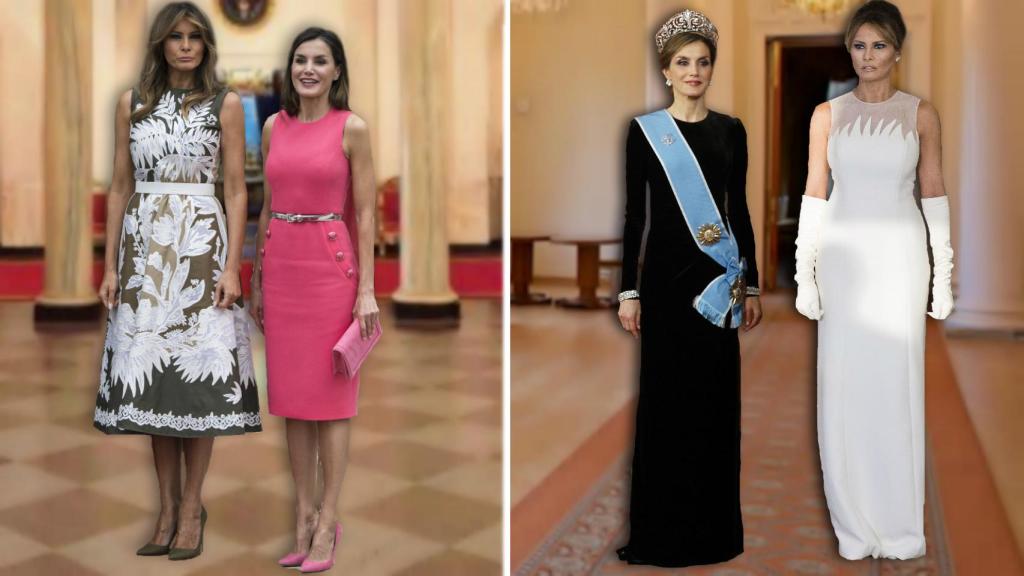 Letizia y Melania en montaje JALEOS durante su primer encuentro en 2018 y vestidas de gala simulando su próxima reunión en abril.