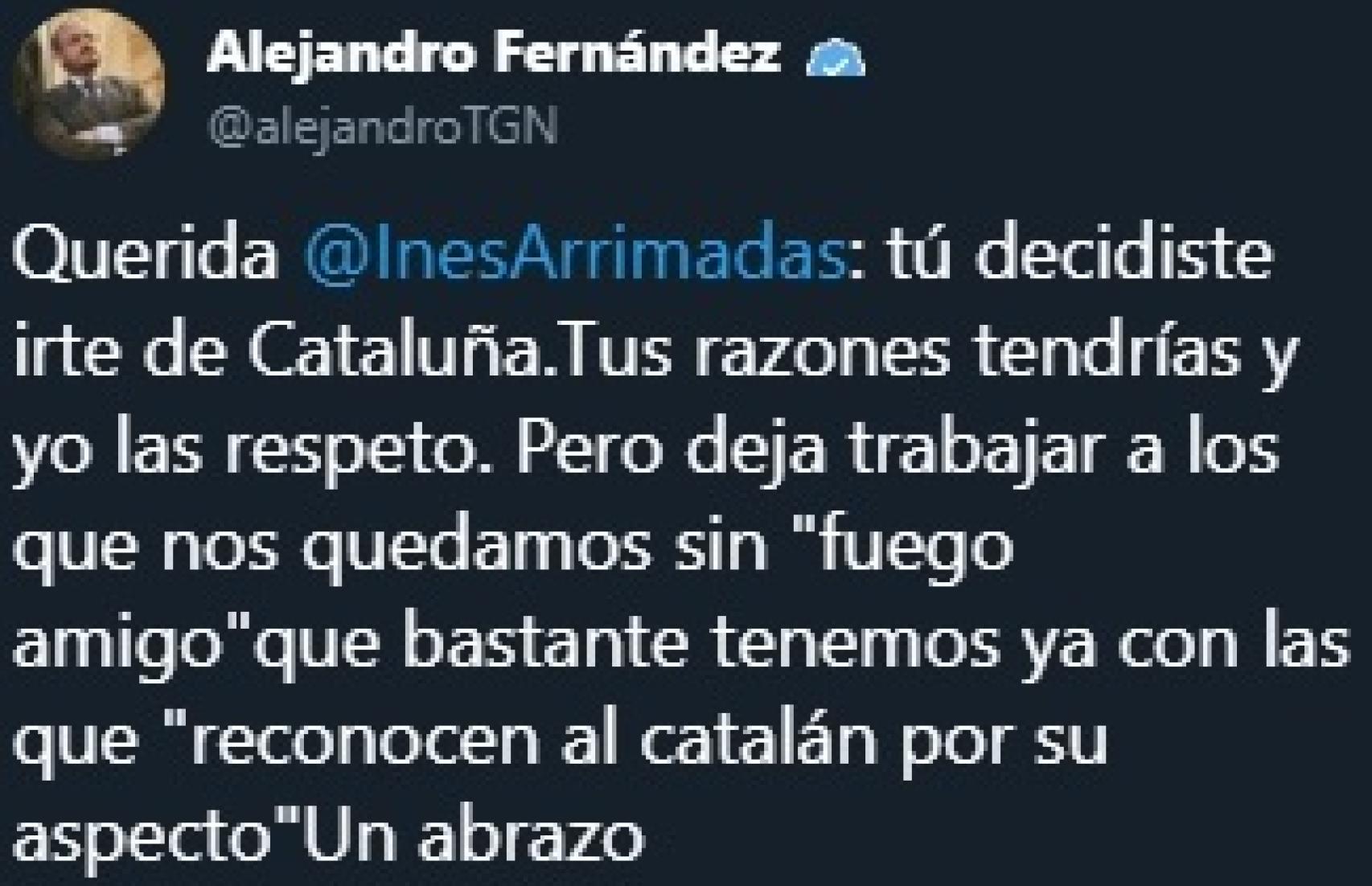 Mensaje del líder del PP catalán, Alejandro Fernández, en Twitter.