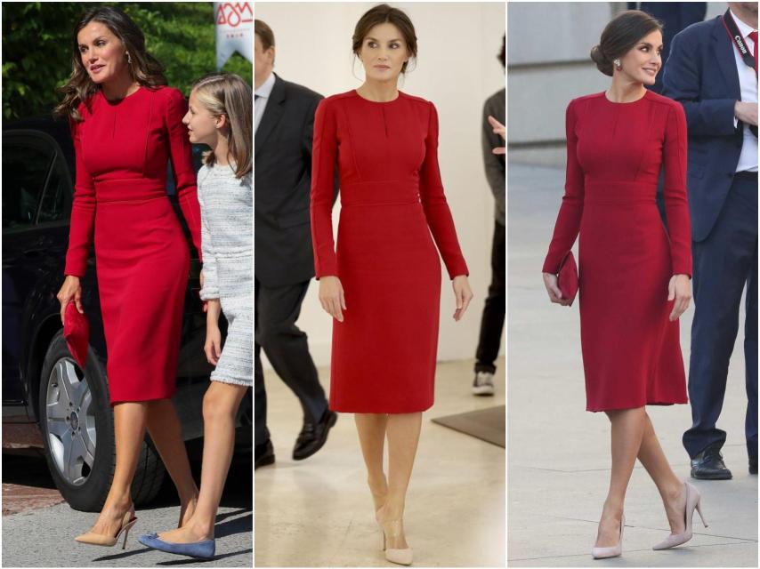 De izquierda a derecha: la reina Letizia en Asturias, en Madrid y en Roma con vestido de Carolina Herrera.