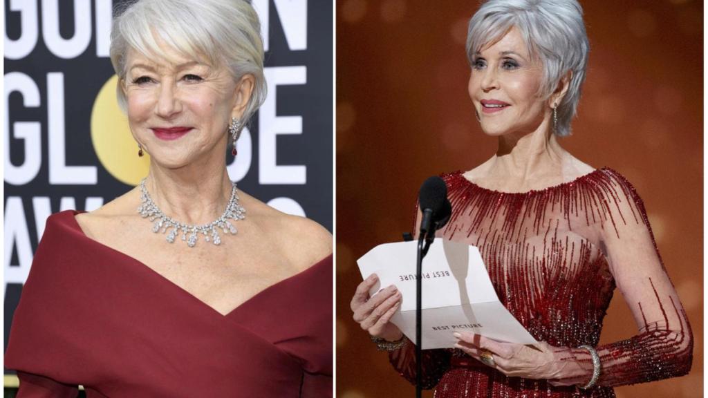Las actrices Helen Mirren y Jane Fonda en las pasadas ediciones de los Globos de Oro y Oscars, respectivamente.