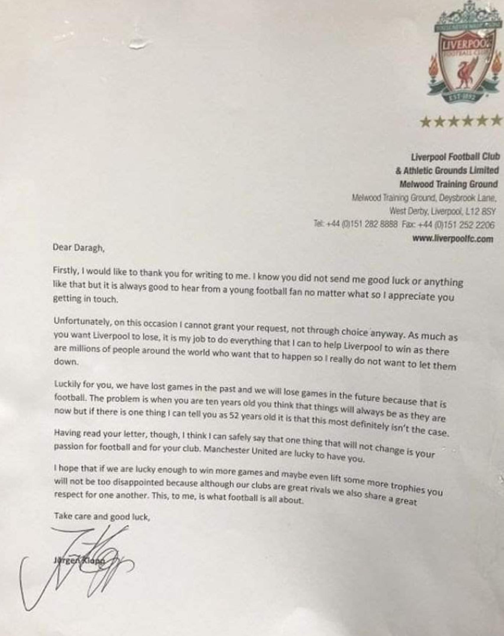 La carta de Klopp a un niño de 10 años